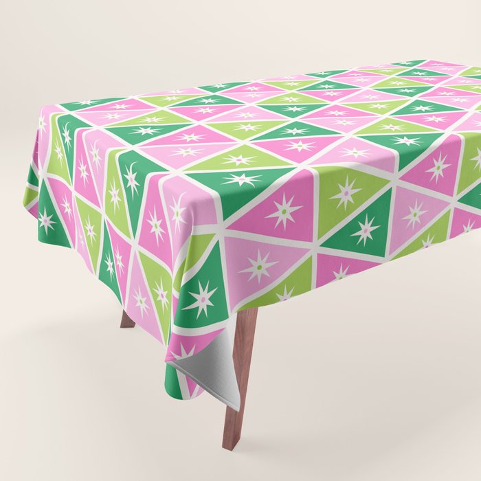 Mid-Century Modern Geometric Christmas Triangles - Green Pink White Tablecloth Gallery Image 1