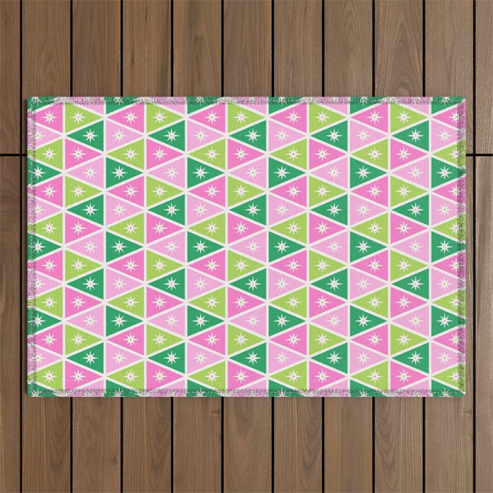 Mid-Century Modern Geometric Christmas Triangles - Green Pink White Outdoor Rug Gallery Image 1