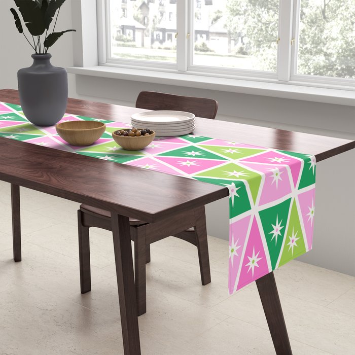 Mid-Century Modern Geometric Christmas Triangles - Green Pink White Table Runner Gallery Image 2