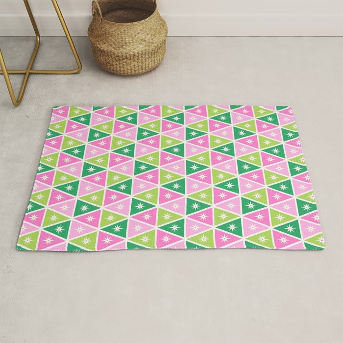 Mid-Century Modern Geometric Christmas Triangles - Green Pink White Rug Gallery Image 1