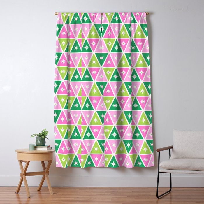 Mid-Century Modern Geometric Christmas Triangles - Green Pink White Window Curtain Gallery Image 1