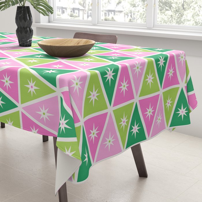 Mid-Century Modern Geometric Christmas Triangles - Green Pink White Tablecloth Gallery Image 3