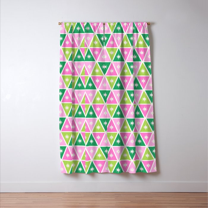 Mid-Century Modern Geometric Christmas Triangles - Green Pink White Window Curtain Gallery Image 3