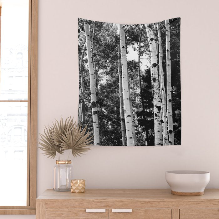 Aspen Forest - Black And White Nature Photography Wall Tapestry Gallery Image 2