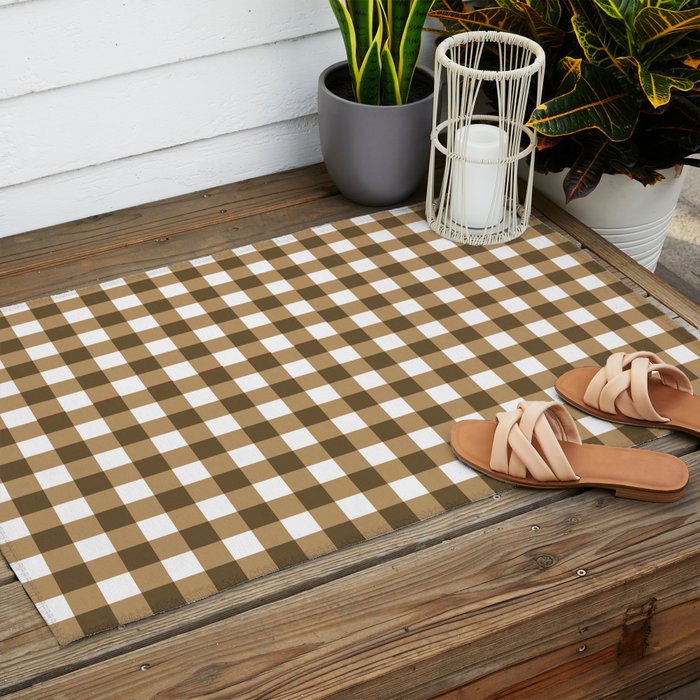 Neutral Tan Gingham Checkered Pattern Outdoor Rug Gallery Image 2