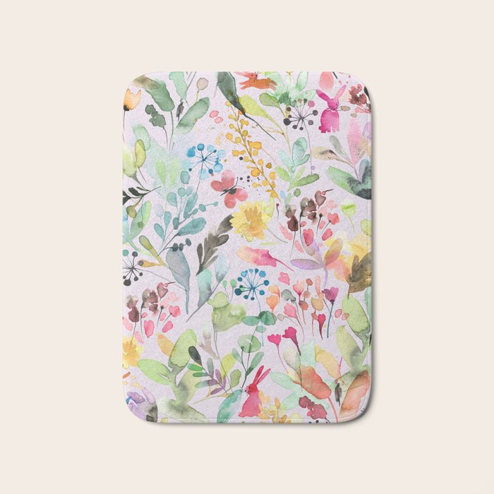 Wild Flowers Meadow Spring Garden Floral Watercolor Pink Bath Mat Gallery Image 1