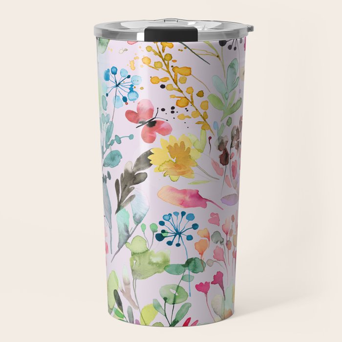 Wild Flowers Meadow Spring Garden Floral Watercolor Pink Travel Mug Gallery Image 1