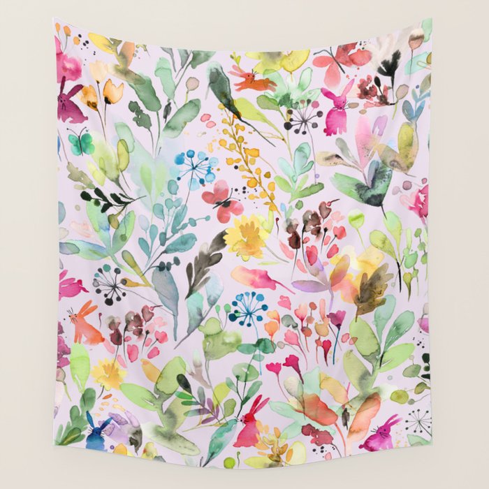 Wild Flowers Meadow Spring Garden Floral Watercolor Pink Wall Tapestry Gallery Image 1