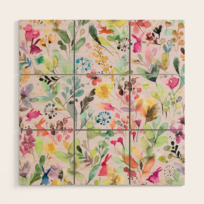 Wild Flowers Meadow Spring Garden Floral Watercolor Pink Wood Wall Art Gallery Image 1