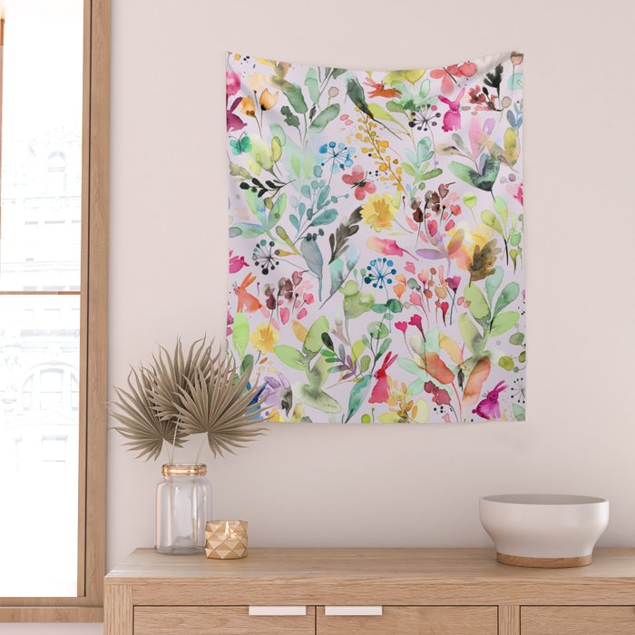 Wild Flowers Meadow Spring Garden Floral Watercolor Pink Wall Tapestry Gallery Image 2