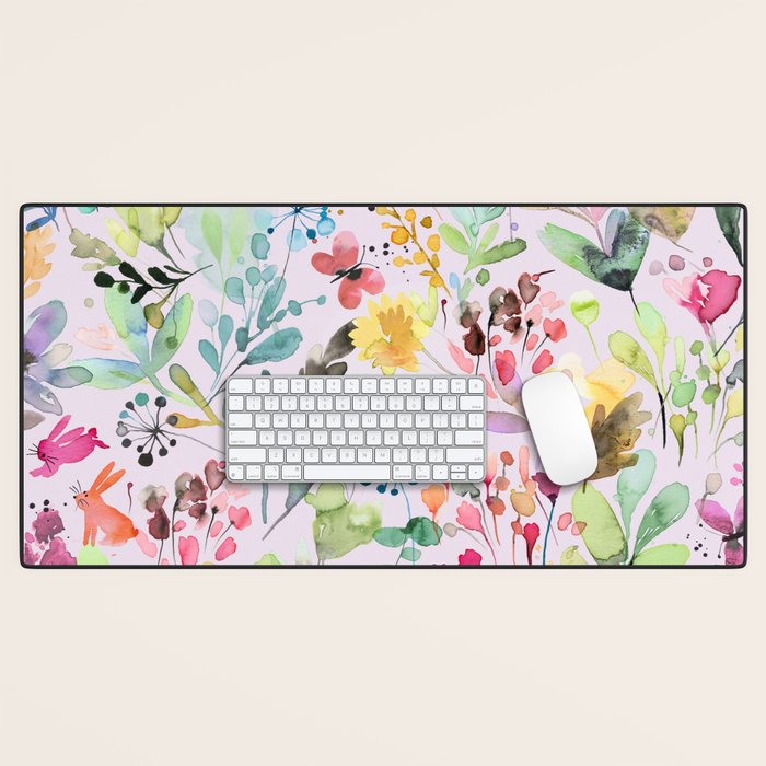 Wild Flowers Meadow Spring Garden Floral Watercolor Pink Desk Mat Gallery Image 1