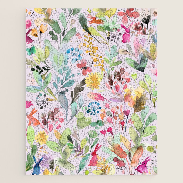 Wild Flowers Meadow Spring Garden Floral Watercolor Pink Jigsaw Puzzle Gallery Image 1