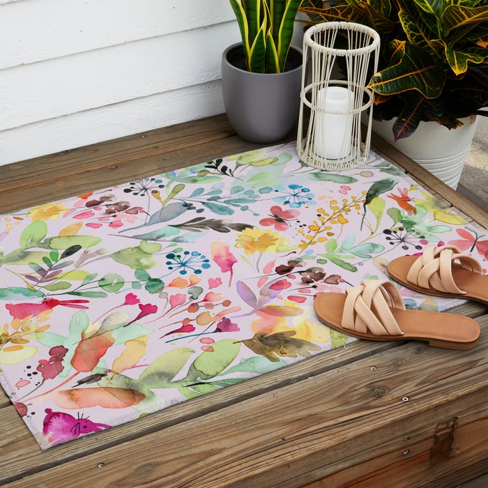 Wild Flowers Meadow Spring Garden Floral Watercolor Pink Outdoor Rug Gallery Image 2