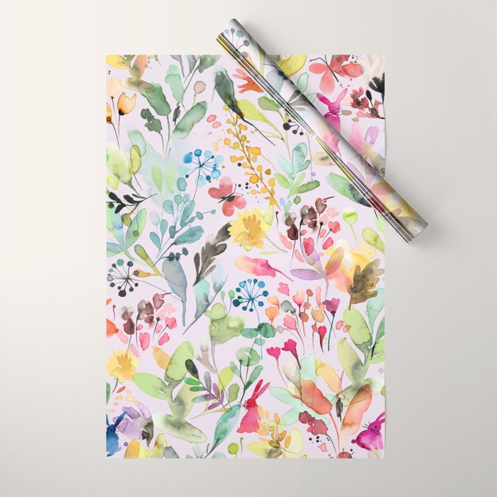 Wild Flowers Meadow Spring Garden Floral Watercolor Pink Wrapping Paper Gallery Image 1