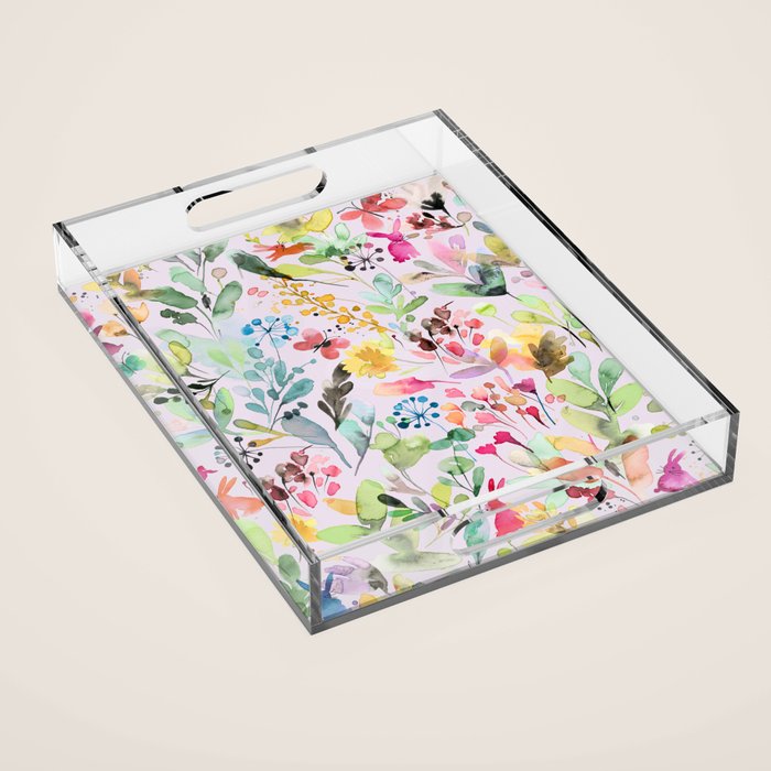 Wild Flowers Meadow Spring Garden Floral Watercolor Pink Acrylic Tray Gallery Image 1