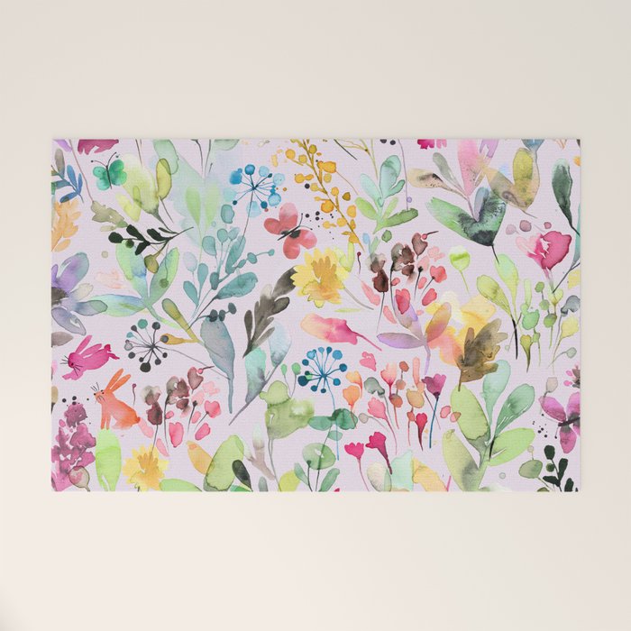Wild Flowers Meadow Spring Garden Floral Watercolor Pink Welcome Mat Gallery Image 1