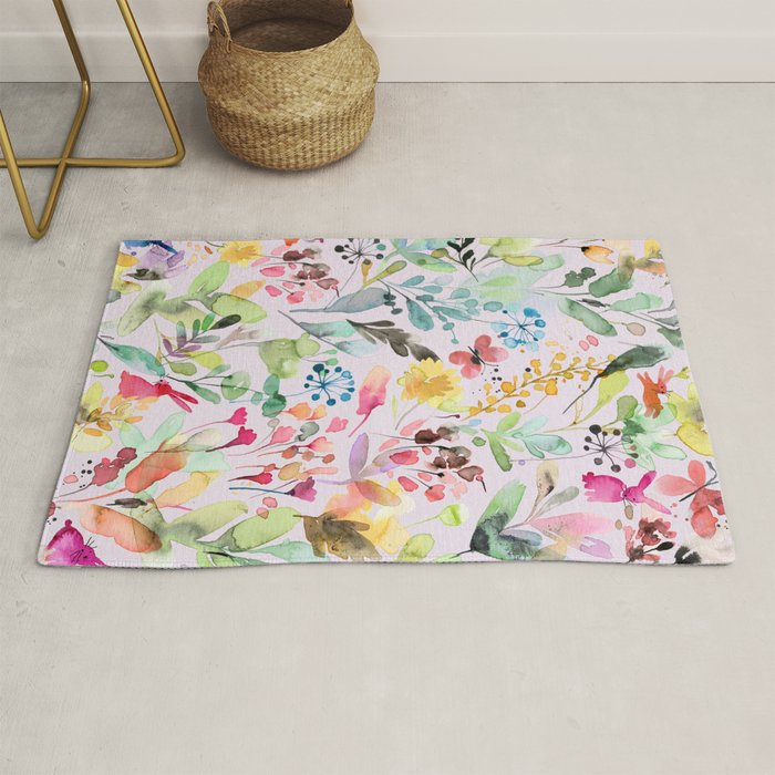 Wild Flowers Meadow Spring Garden Floral Watercolor Pink Rug Gallery Image 1