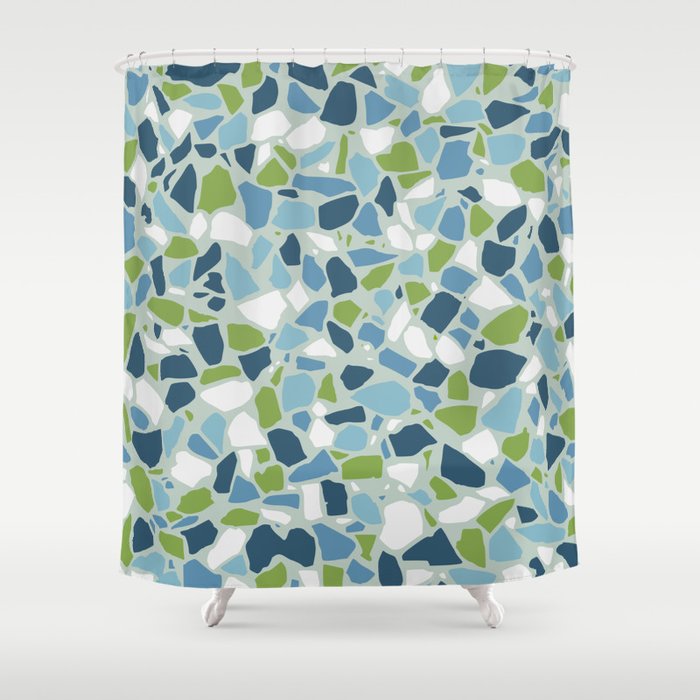 Terrazzo Mosaic Pattern, Teal Blue, Green, White Shower Curtain Gallery Image 1