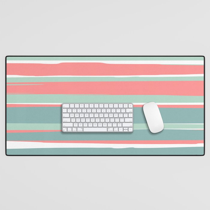 Festive, Abstract, Colorful Stripes, Coral and Teal Green Desk Mat Gallery Image 1
