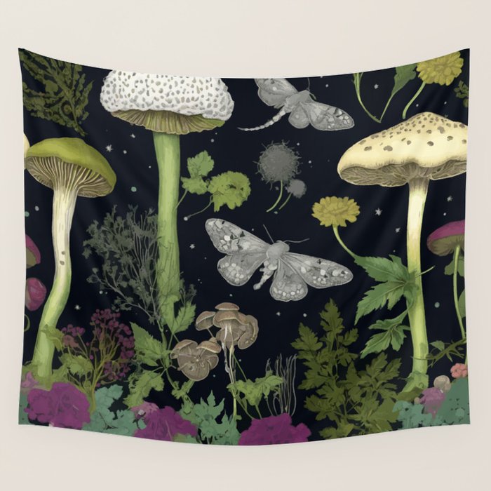 Mystery Night Garden with Moths Mushrooms and Hemlock Wall Tapestry Gallery Image 4