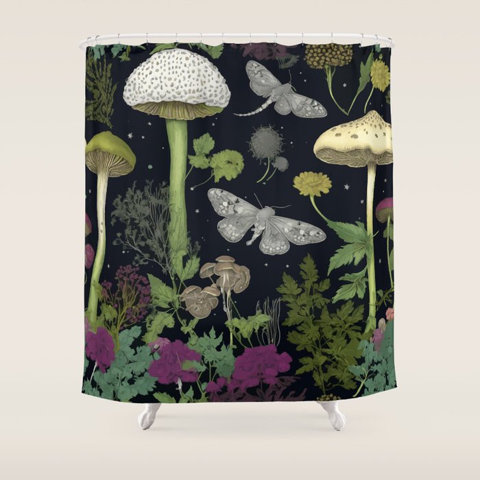 Mystery Night Garden with Moths Mushrooms and Hemlock Shower Curtain Gallery Image 1