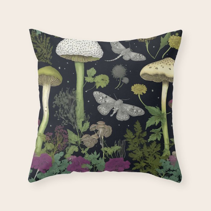 Mystery Night Garden with Moths Mushrooms and Hemlock Throw Pillow Gallery Image 1