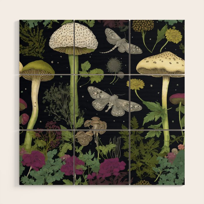 Mystery Night Garden with Moths Mushrooms and Hemlock Wood Wall Art Gallery Image 1