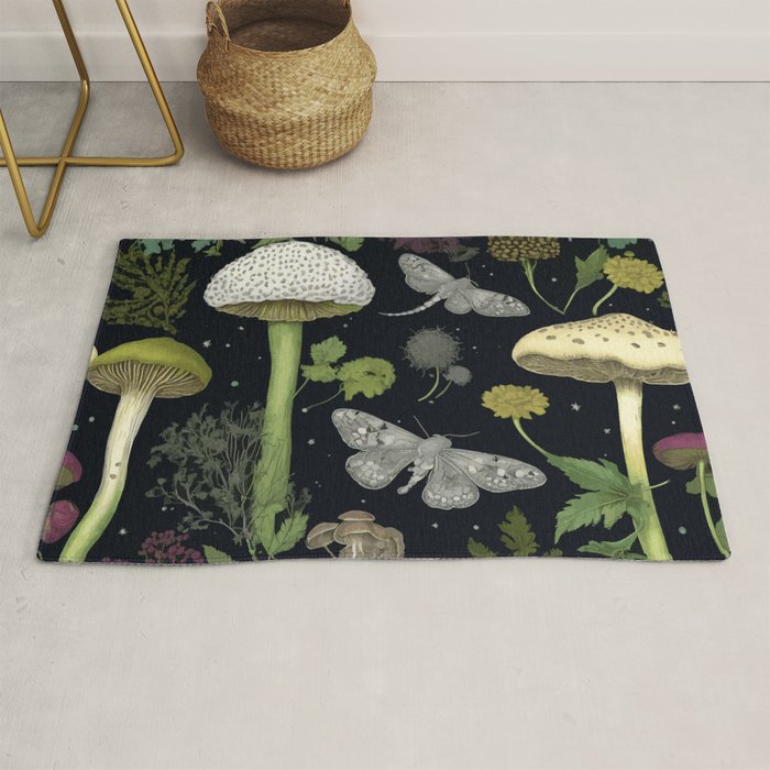 Mystery Night Garden with Moths Mushrooms and Hemlock Rug Gallery Image 1