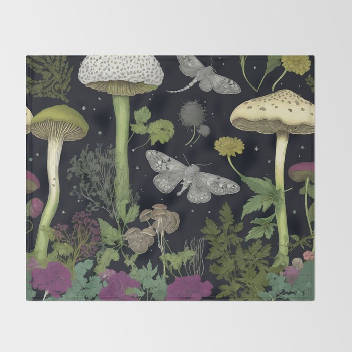 Mystery Night Garden with Moths Mushrooms and Hemlock Throw Blanket Gallery Image 2