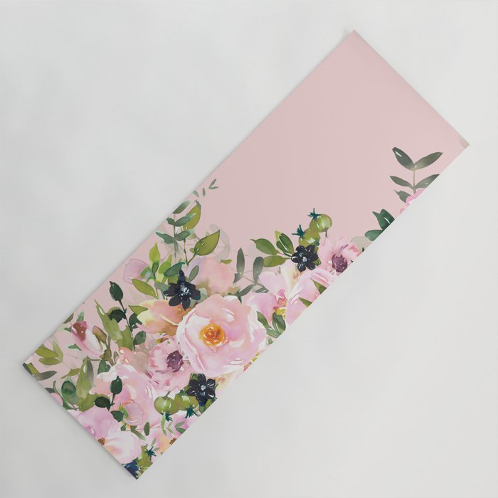 Boho, Vintage, Floral Watercolor, Pink Roses Yoga Mat Gallery Image 1