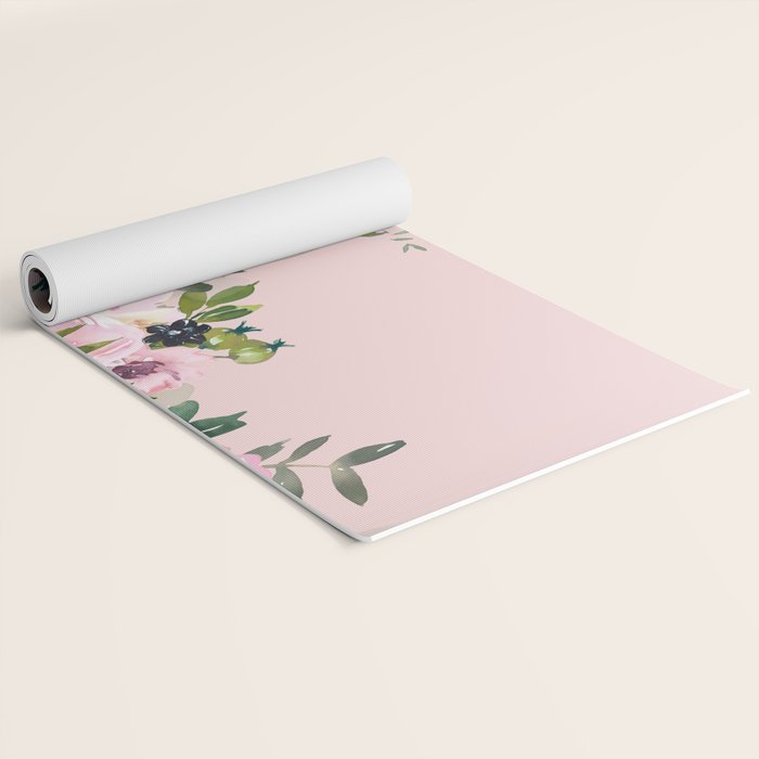 Boho, Vintage, Floral Watercolor, Pink Roses Yoga Mat Gallery Image 2