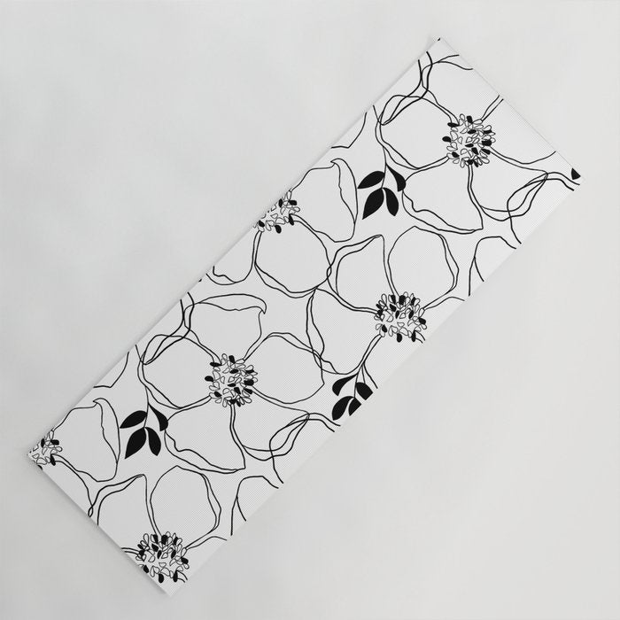 Black Floral Pattern On White Background Yoga Mat Gallery Image 1