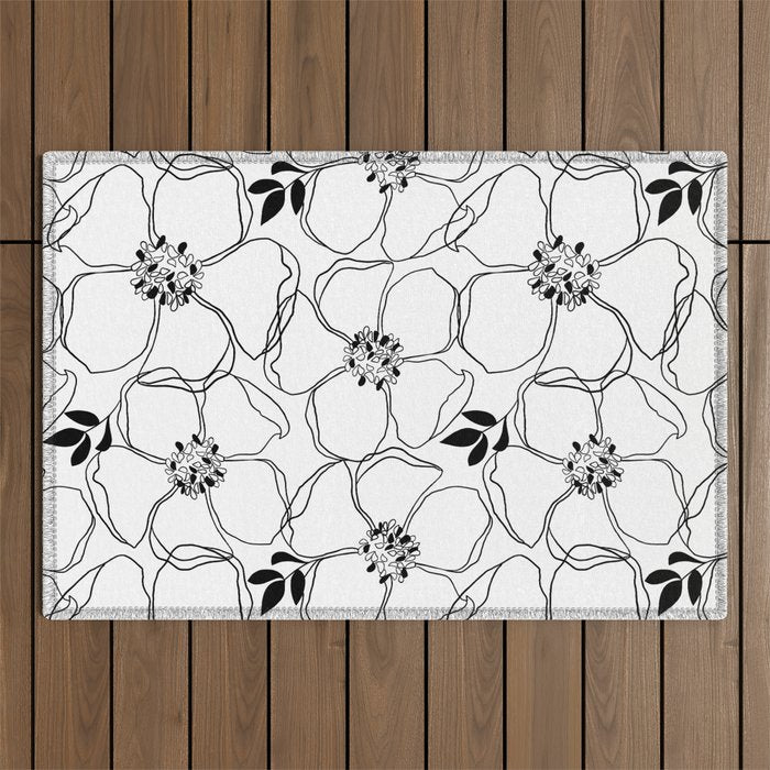 Black Floral Pattern On White Background Outdoor Rug Gallery Image 1