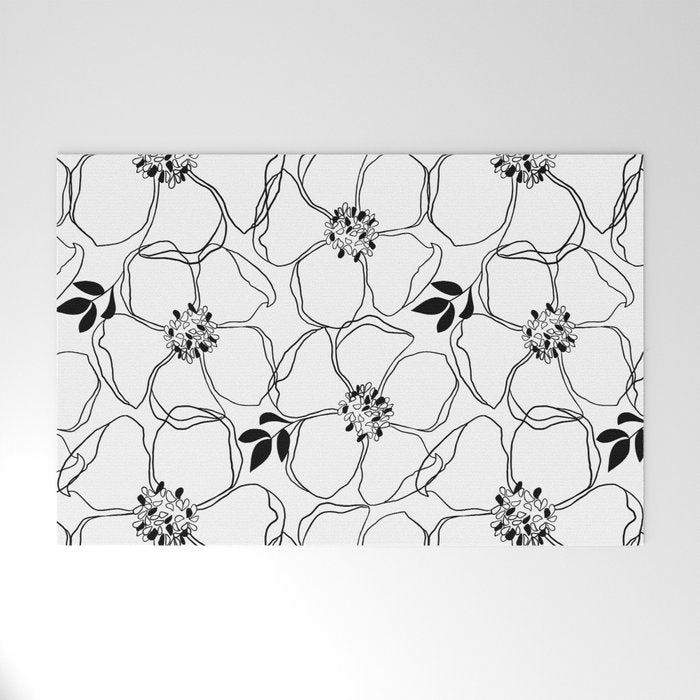 Black Floral Pattern On White Background Welcome Mat Gallery Image 1