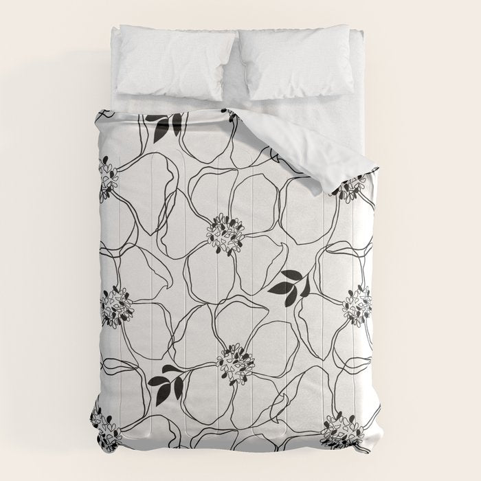 Black Floral Pattern On White Background Comforter Gallery Image 6