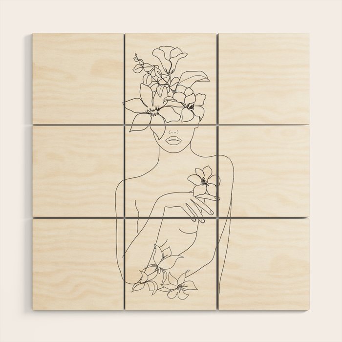 Minimal Line Art Woman with Flowers IV Wood Wall Art Gallery Image 1