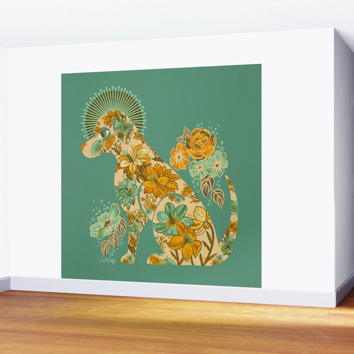Porcelain Floral Dog - Mint & Ochre Wall Mural Gallery Image 2