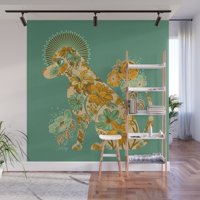 Porcelain Floral Dog - Mint & Ochre Wall Mural Gallery Image 1