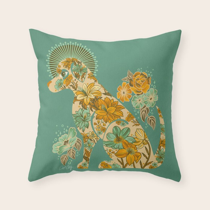 Porcelain Floral Dog - Mint & Ochre Throw Pillow Gallery Image 6
