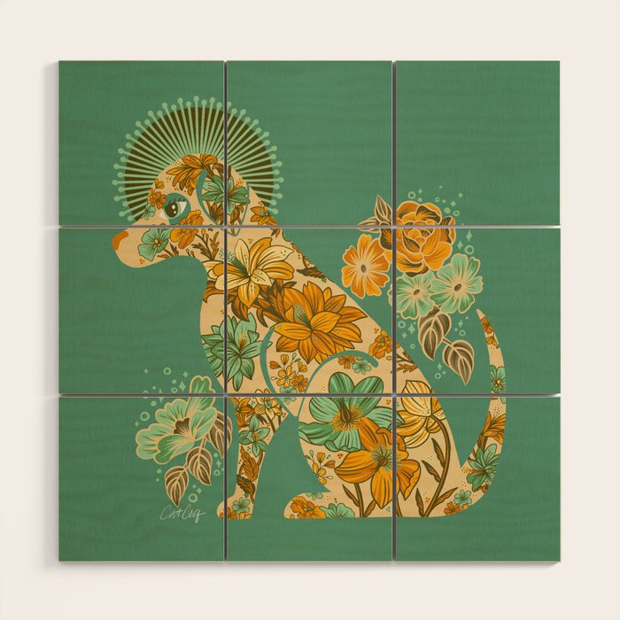 Porcelain Floral Dog - Mint & Ochre Wood Wall Art Gallery Image 1