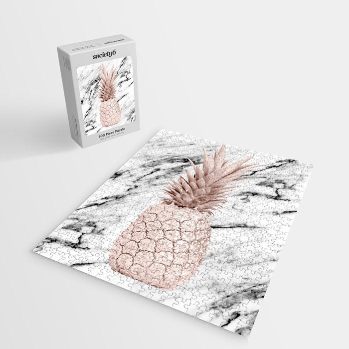 Rose Gold Pineapple on Black and White Marble Jigsaw Puzzle Gallery Image 2
