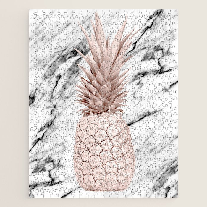 Rose Gold Pineapple on Black and White Marble Jigsaw Puzzle Gallery Image 1
