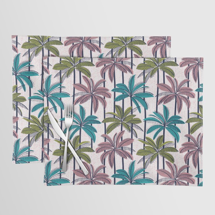 Retro Palm Springs vibes // white background highball green peacock blue and dry rose palm trees oxford navy blue lines Placemat Gallery Image 1