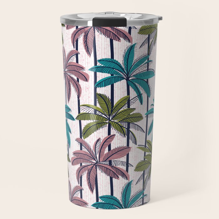 Retro Palm Springs vibes // white background highball green peacock blue and dry rose palm trees oxford navy blue lines Travel Mug Gallery Image 1
