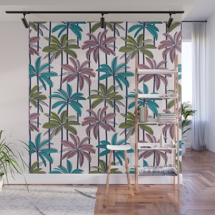 Retro Palm Springs vibes // white background highball green peacock blue and dry rose palm trees oxford navy blue lines Wall Mural Gallery Image 1