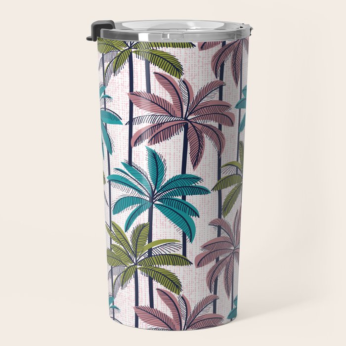 Retro Palm Springs vibes // white background highball green peacock blue and dry rose palm trees oxford navy blue lines Travel Mug Gallery Image 3