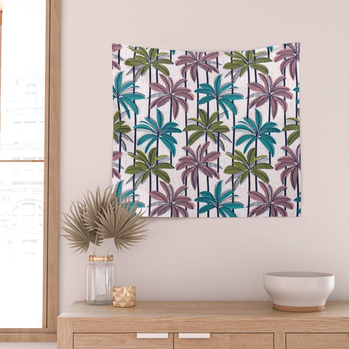 Retro Palm Springs vibes // white background highball green peacock blue and dry rose palm trees oxford navy blue lines Wall Tapestry Gallery Image 2