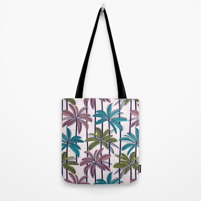 Retro Palm Springs vibes // white background highball green peacock blue and dry rose palm trees oxford navy blue lines Tote Bag Gallery Image 2