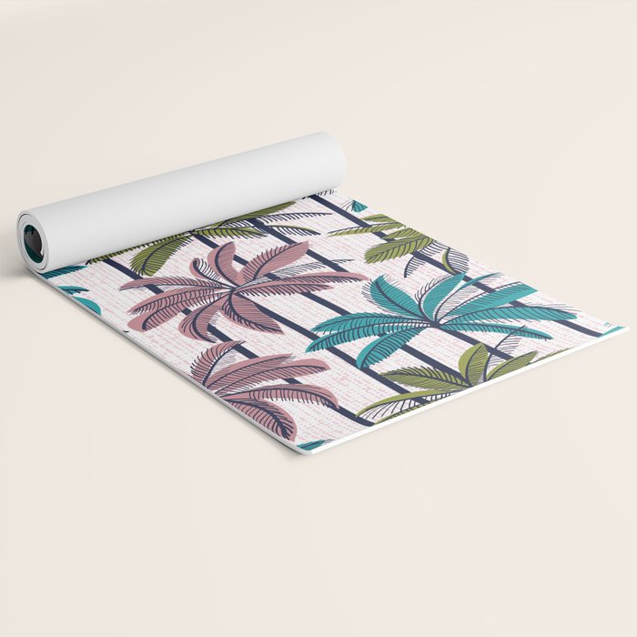 Retro Palm Springs vibes // white background highball green peacock blue and dry rose palm trees oxford navy blue lines Yoga Mat Gallery Image 2