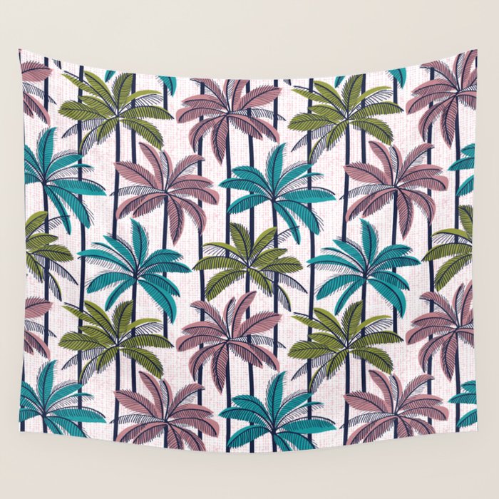 Retro Palm Springs vibes // white background highball green peacock blue and dry rose palm trees oxford navy blue lines Wall Tapestry Gallery Image 4